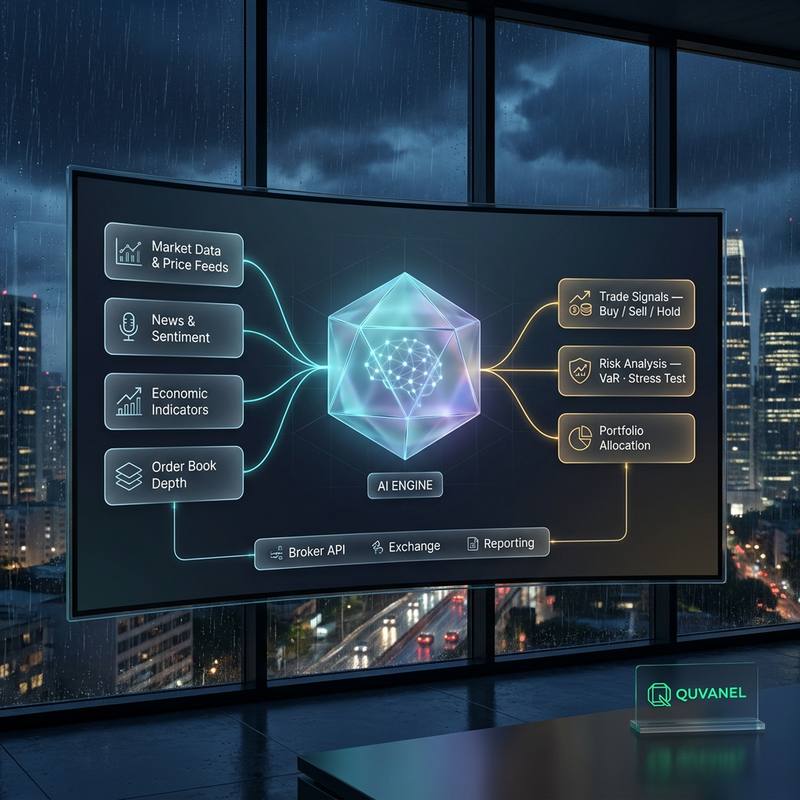 A Quvanel architecture diagram: market data, news sentiment, economic indicators and order-book depth feeding an AI engine that outputs trade signals, risk analysis and portfolio allocation