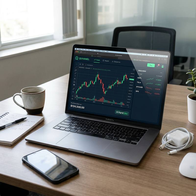 The Quvanel dashboard open on a laptop, showing a candlestick chart, a portfolio balance of C$124,500 and an equities watchlist
