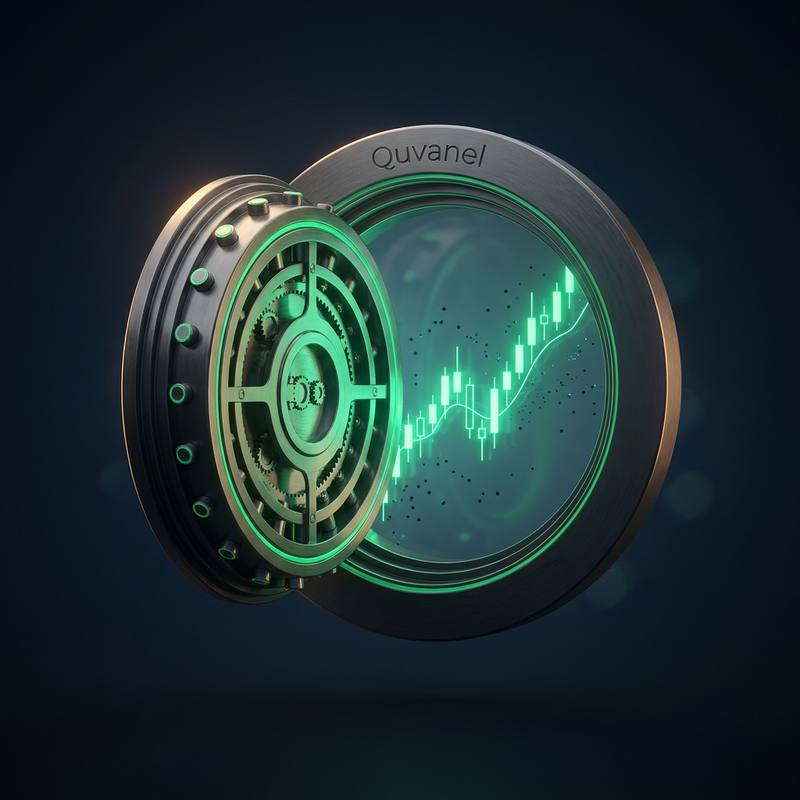 A sealed Quvanel vault door with a neon green mechanism, an upward candlestick chart glowing behind the glass