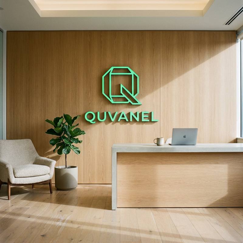 The Quvanel head office reception: an oak wall carrying the neon green Quvanel wordmark and octagon logo, with a fiddle-leaf fig, an armchair and a concrete reception desk in daylight