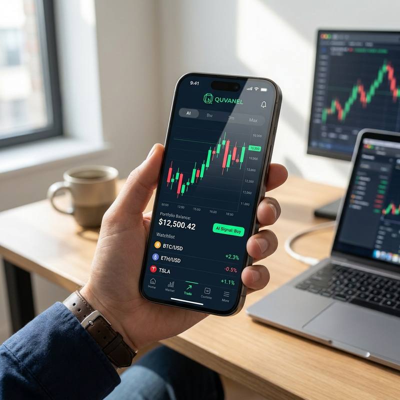 A hand holding a phone running the Quvanel app, showing a candlestick chart, a C$12,500 portfolio balance and a crypto watchlist, with trading screens on the desk behind