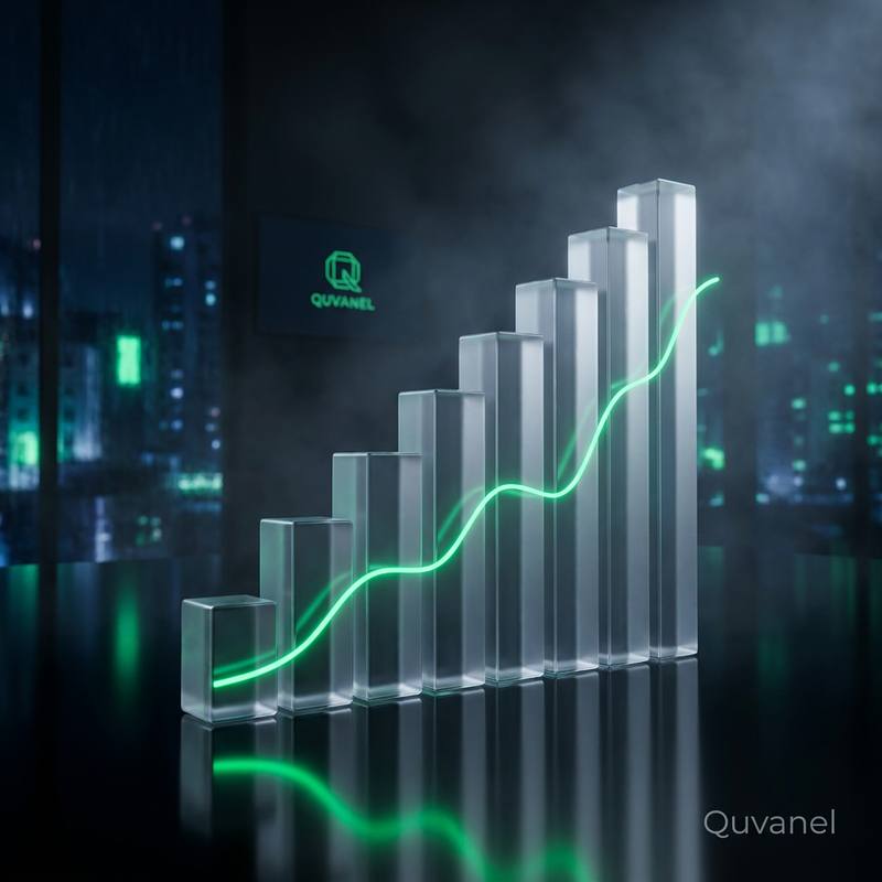 A glass bar chart climbing left to right with a neon green trend line running through it, a Quvanel screen glowing on the wall of a night-time office