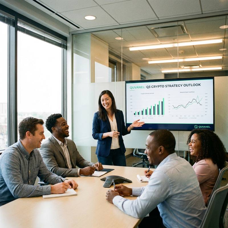 A Quvanel strategy meeting in a bright boardroom, a colleague presenting a quarterly crypto outlook on a wall screen to five seated teammates